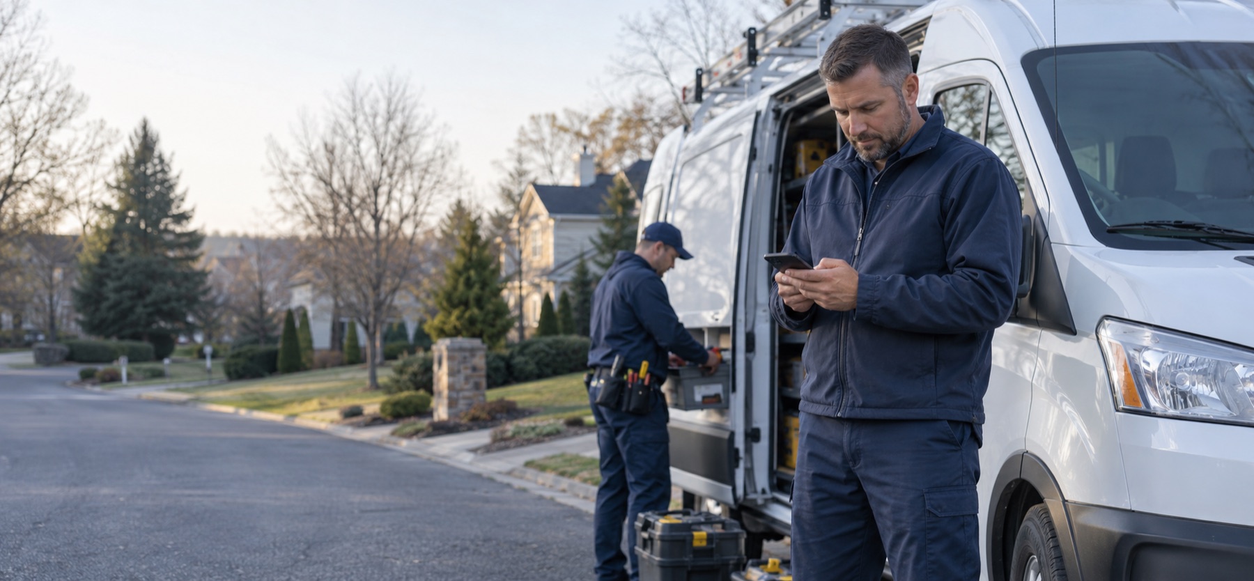 A service-business owner reviewing work beside a company van