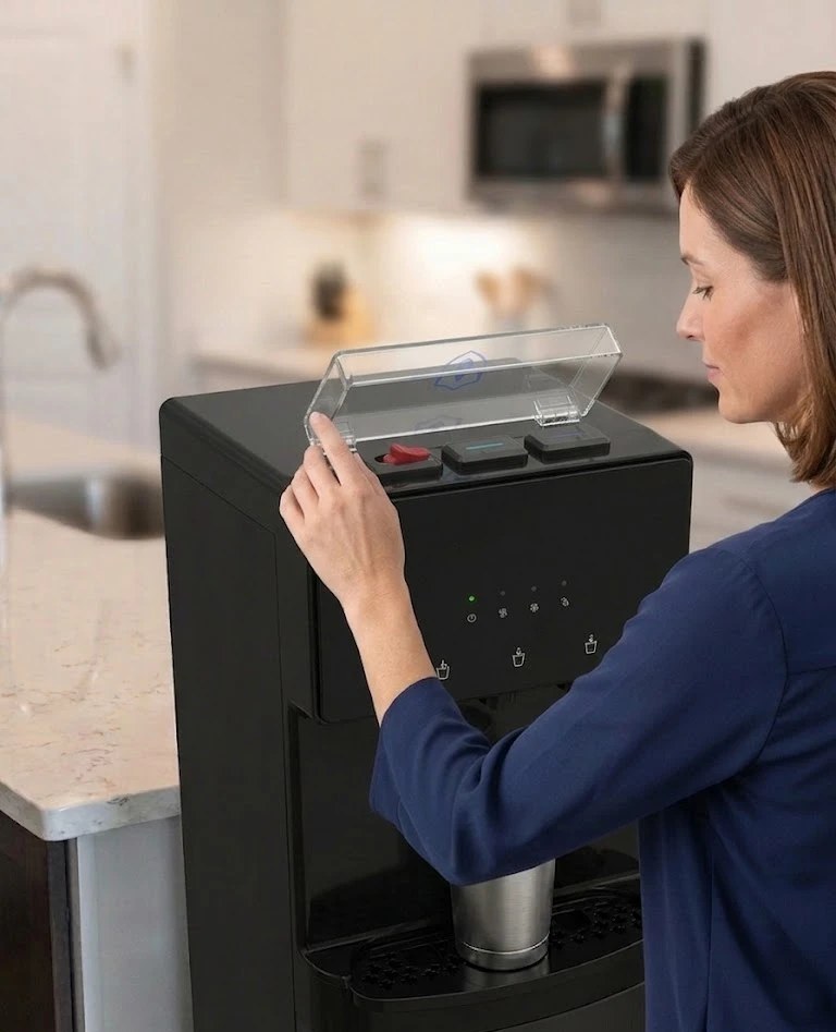 A parent flips the Child Safety Shield open with one hand to reach the dispense buttons on a black water cooler