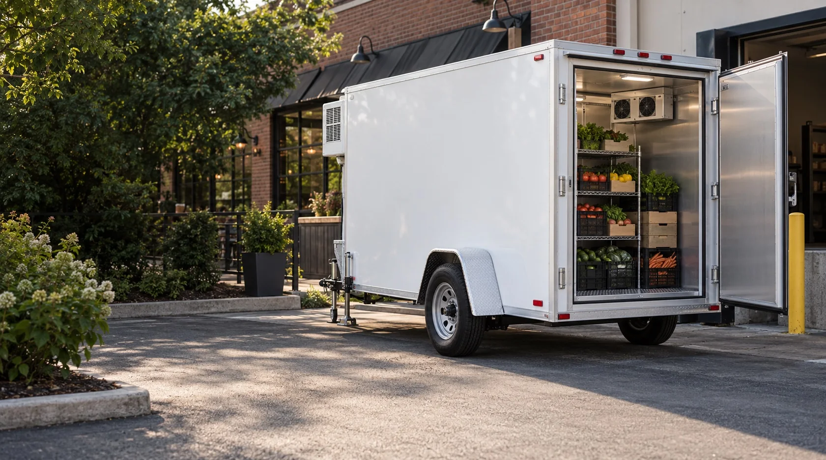 Illustrative concept of a refrigerated trailer beside a commercial kitchen